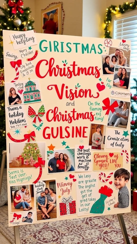 A vibrant Christmas vision board with holiday images, quotes, and decorations, set against a festive backdrop.